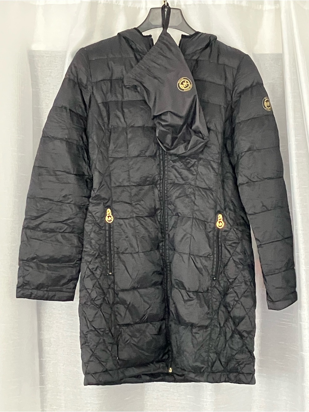 MICHAEL Michael Kors Black Quilted Hooded Long Puffer Coat with Gold Logos